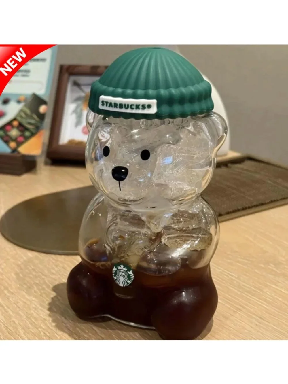 Starbucks Clear Glass Bear Tumbler with Green Ribbed Lid and Green-White Straw